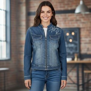 Harley Davidson Rhinestone Blue Denim Jacket Sz Small Motorcycle Jean Jacket